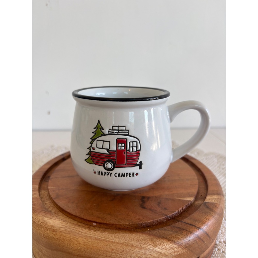 Demdaco Happy Camper Ceramic Mug White Red Trailer Coffee Cup 2018